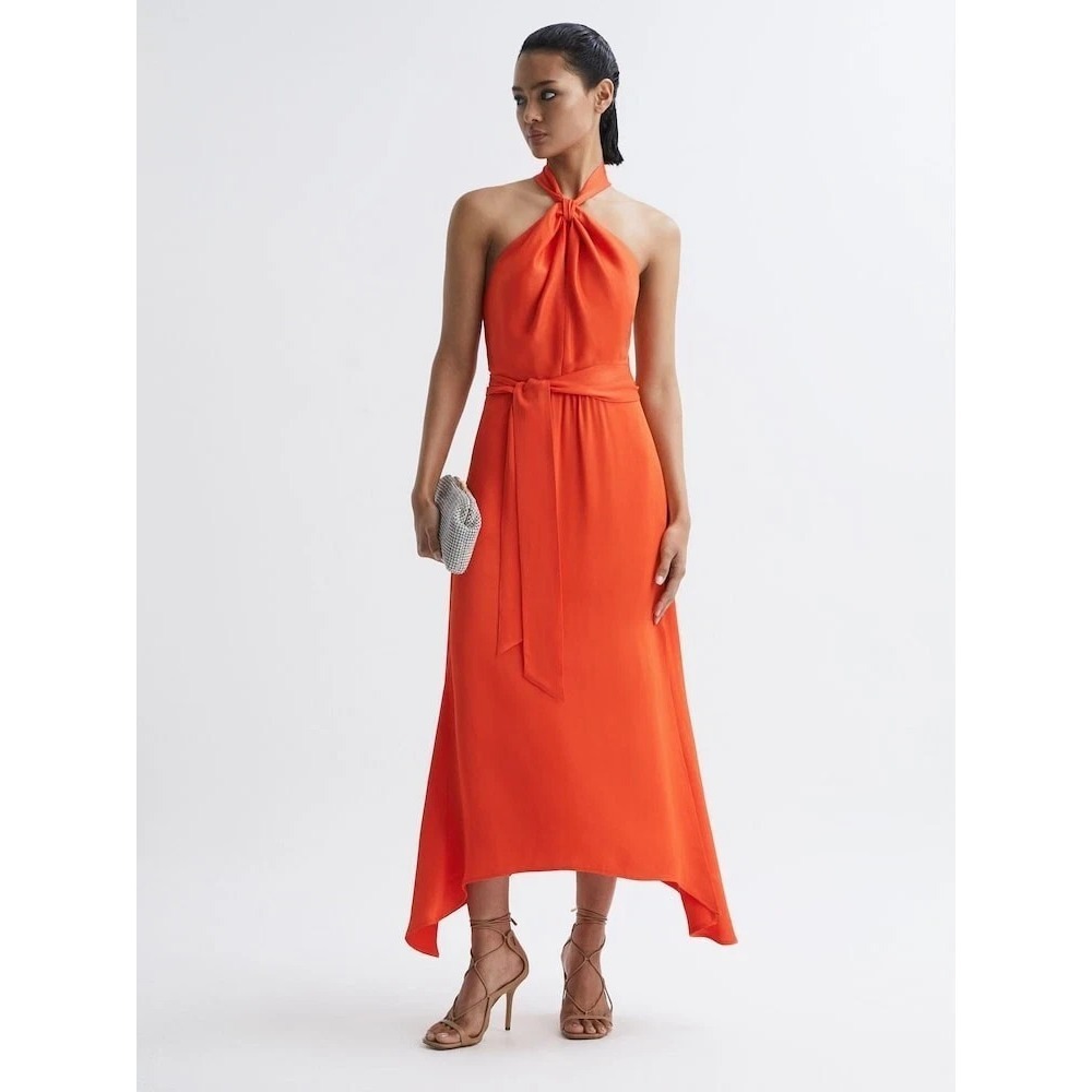 Reiss Evelyn Fitted Halter Neck Midi Dress Size 14 Orange Keyhole Asymmetrical